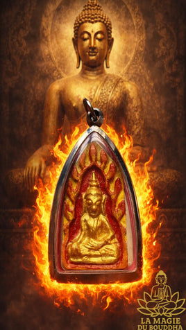 Amulette ancienne de Ksitigarbha entouré de flammes, Bouddha thaï rustique moulé et peint à la main # 857 Magic of the Buddha