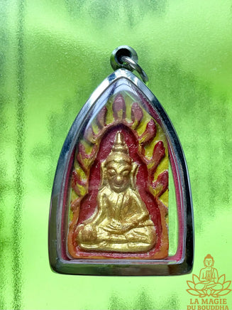 Amulette ancienne de Ksitigarbha entouré de flammes, Bouddha thaï rustique moulé et peint à la main # 857 Magic of the Buddha