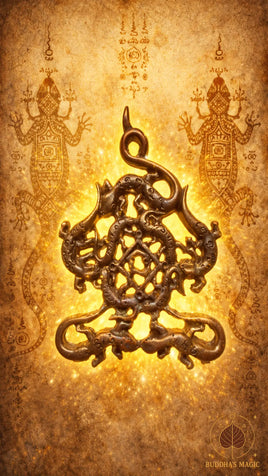 Talisman de charme aux neuf gecko entrelacés - Très Vénérable Luang Pu Nya Than Thon Khantiko du Wat Ban Phap # 851 Magic of the Buddha