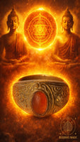 ✨Bague sacrée ancienne de temple thaï – Bronze gravé et cabochon ambre # 789 Magic of the Buddha