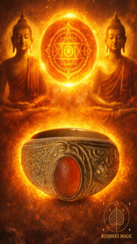 ✨Bague sacrée ancienne de temple thaï – Bronze gravé et cabochon ambre # 789 Magic of the Buddha