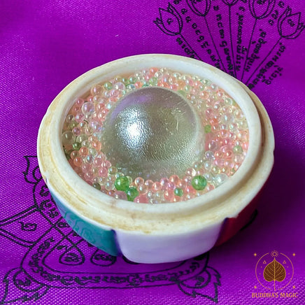 Pot reliquaire japonais en céramique multicolore contenant bille look geow et perles sarira – Années 1970 # 799 Magic of the Buddha