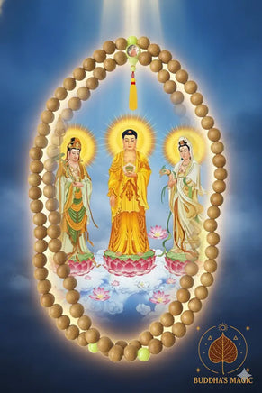 🧿 Grand chapelet chinois en bois précieux – Bille de tête fluorescente aux Trois Bouddhas – Production limitée de temple (Thaïlande) # 798 Magic of the Buddha