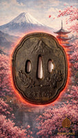 Tsuba japonaise ancienne en fer Mont Fuji et cerisiers Epoque Edo # 797 Magic of the Buddha