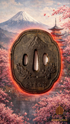 Tsuba japonaise ancienne en fer Mont Fuji et cerisiers Epoque Edo # 797 Magic of the Buddha