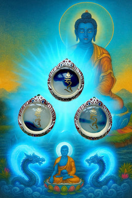 💎 Amulette Sangye Menla – Pierre sacrée bleue et blanche peinte de la lettre germe du mantra de Sangye Menla # 692