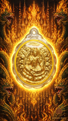 Précieuse amulette de fortune Jatukham Rammathep dorée - Wat Phra Mahathat Woramahawihan # 853 Magic of the Buddha