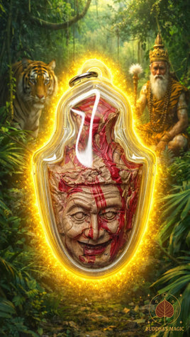 Amulette masque de Lersi (Sian Lersi) en pâte sacrée colorée avec pièce Rama IX (années 1990) # 839 Magic of the Buddha