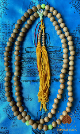 🧿 Grand chapelet chinois en bois précieux – Bille de tête fluorescente aux Trois Bouddhas – Production limitée de temple (Thaïlande) # 798 Magic of the Buddha