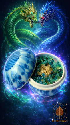 🐍 Pot rituel en céramique bleue et blanche avec amulette Naga et perles reliques Sarira # 803 Magic of the Buddha
