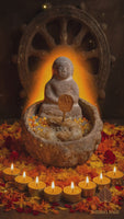 Antique terracotta reliquary bowl with protective Buddhas, sacred wax and multicolored sarira #673