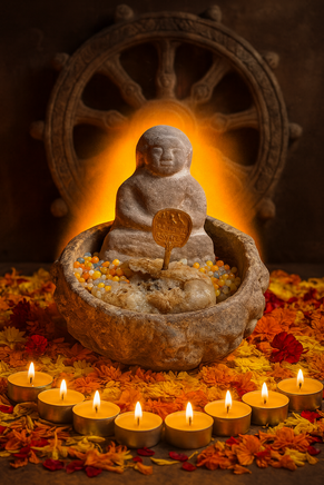 Bol reliquaire ancien en terre cuite avec Bouddhas protecteurs, cire sacrée et sarira multicolores # 673 Magic of the Buddha