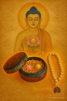 Reliquaire laqué ancien avec chapelet de 28 perles sarira et lotus sacré # 642