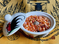 Perles reliques Sarira ambrées et pierre sacrée Hin Phra Siwali en reliquaire céramique de Lampang # 724