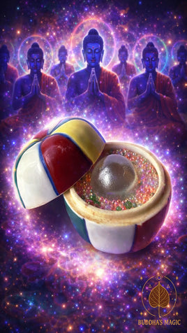 Pot reliquaire japonais en céramique multicolore contenant bille look geow et perles sarira – Années 1970 # 799 Magic of the Buddha