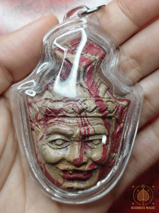 Amulette masque de Lersi (Sian Lersi) en pâte sacrée colorée avec pièce Rama IX (années 1990) # 839 Magic of the Buddha